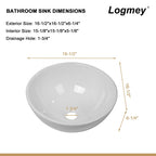 Logmey 16''x16'' Bathroom Sink - Round Above Counter Vessel Single Bowl - White Porcelain Ceramic