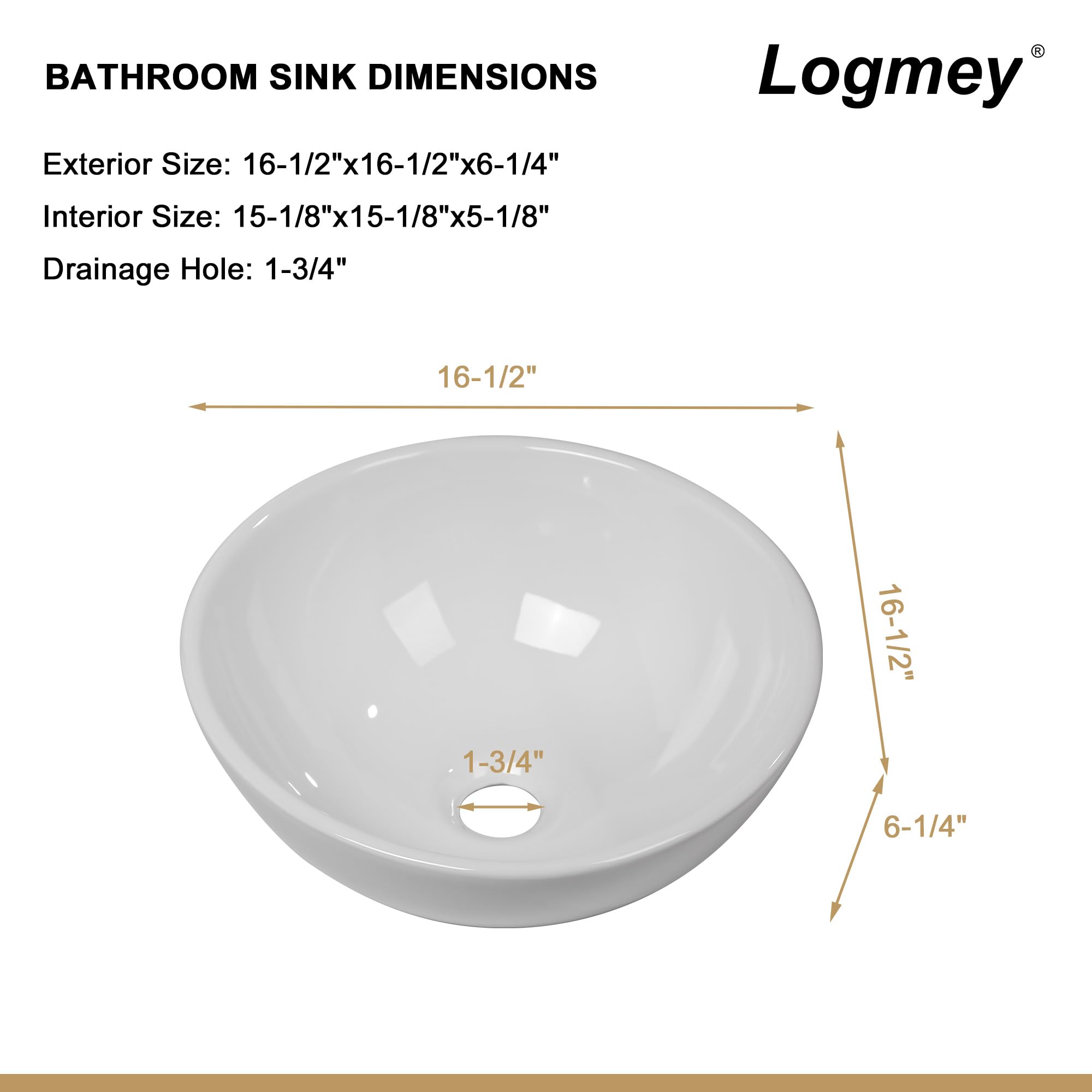 Logmey 16''x16'' Bathroom Sink - Round Above Counter Vessel Single Bowl - White Porcelain Ceramic