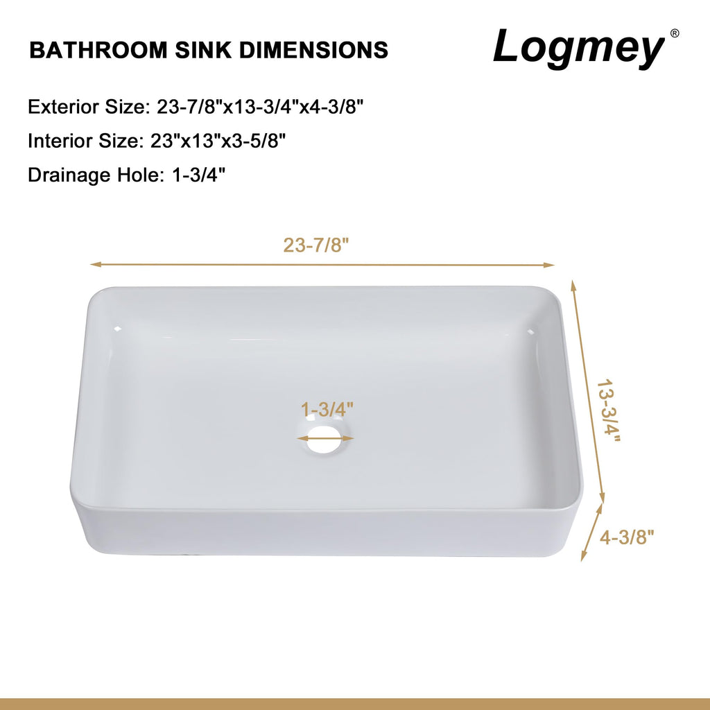 Logmey 24''x14'' Bathroom Sink - Rectangular Above Counter Vessel Single Bowl - White Porcelain Ceramic