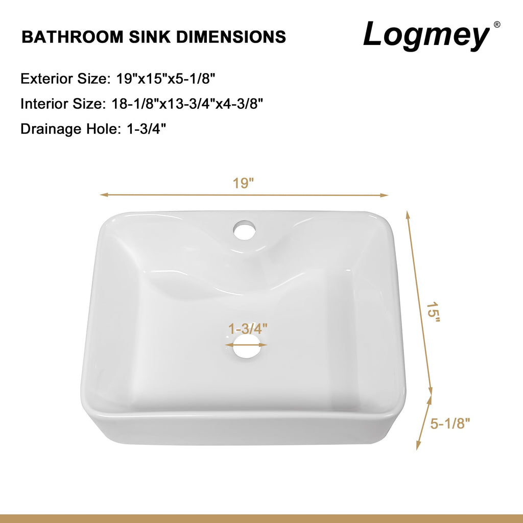 Logmey 19''x15'' Bathroom Sink - Above Counter Vessel Single Bowl - White Porcelain Ceramic