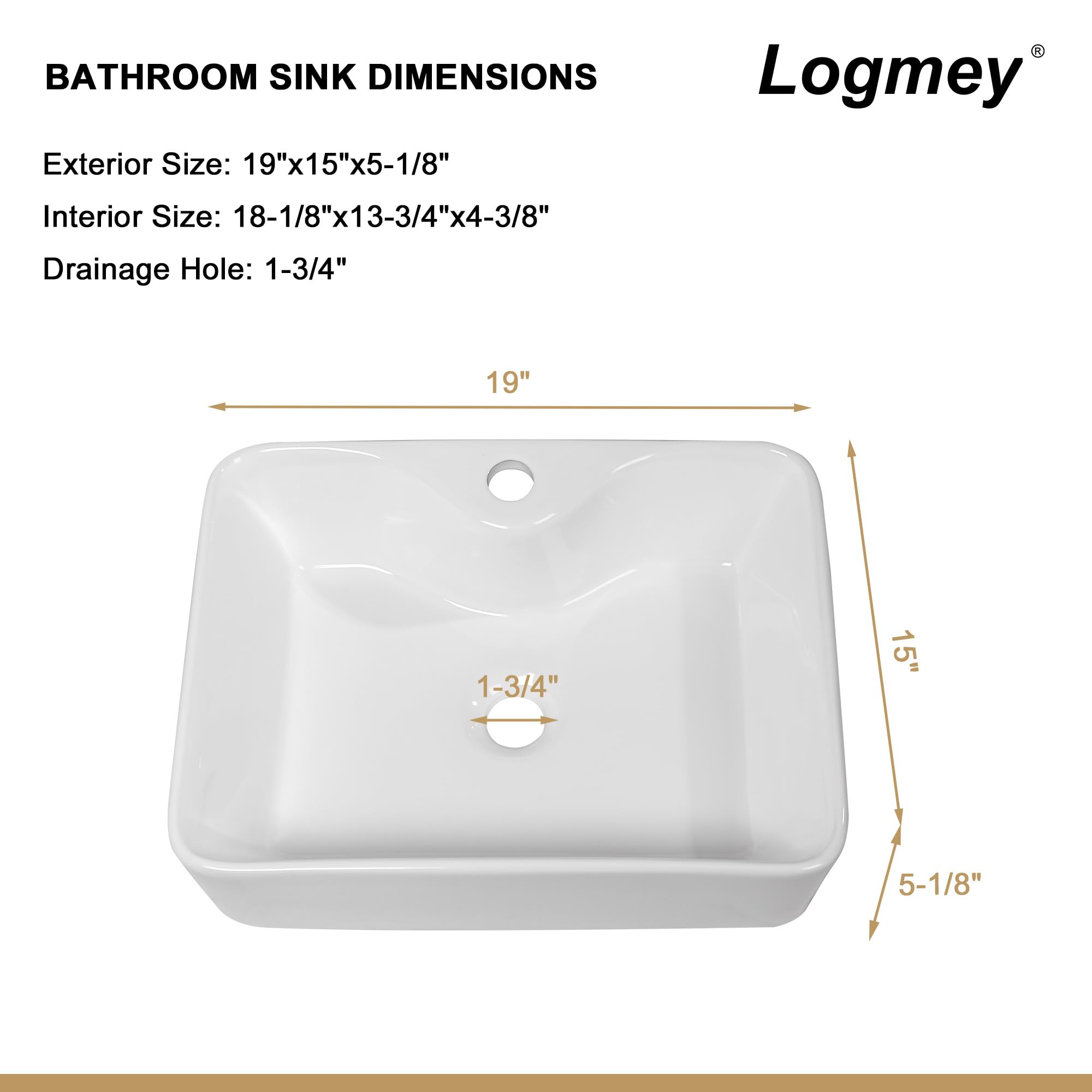 Logmey 19''x15'' Bathroom Sink - Above Counter Vessel Single Bowl - White Porcelain Ceramic