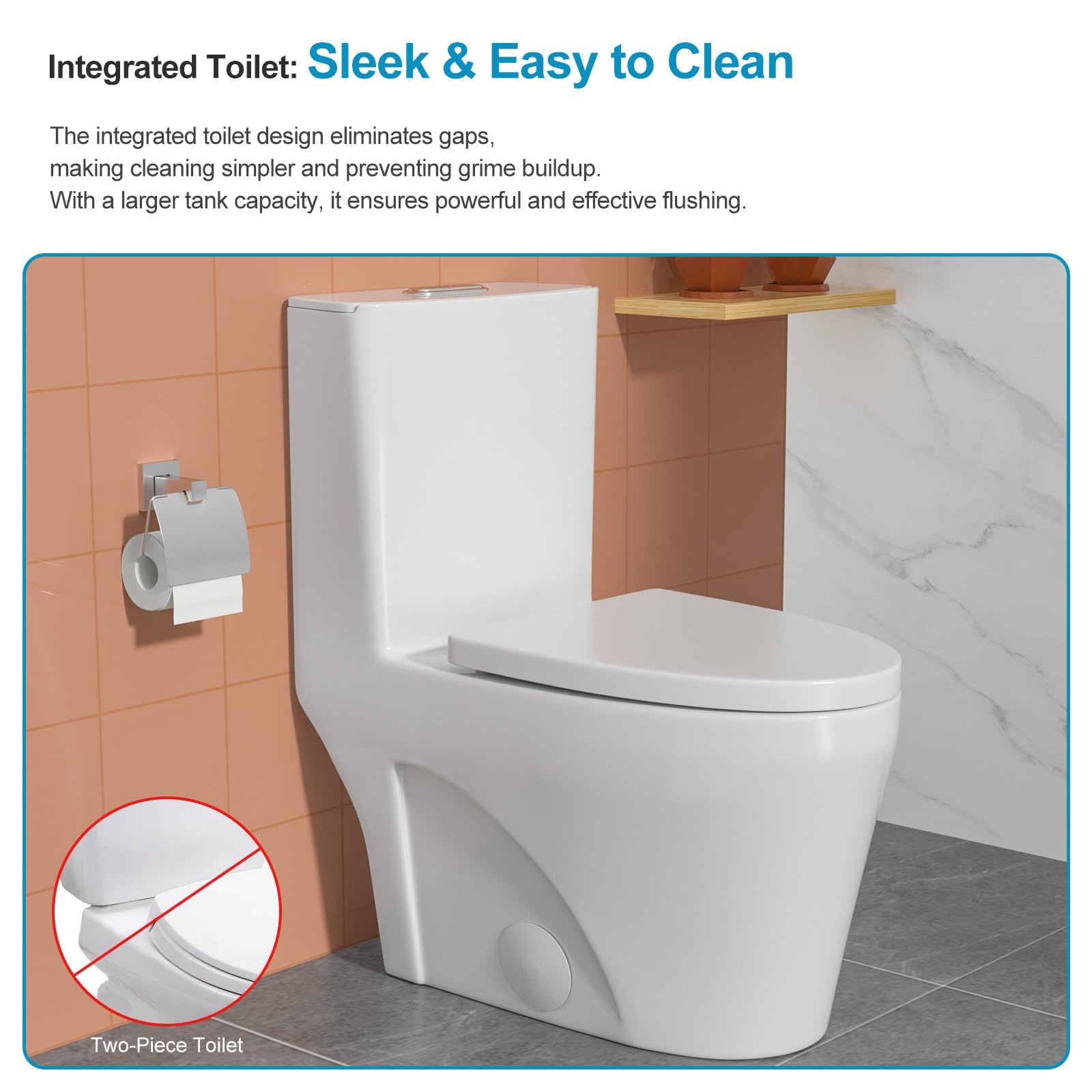 Logmey Elongated One Piece Toilet - White Quiet Siphonic Dual Flush