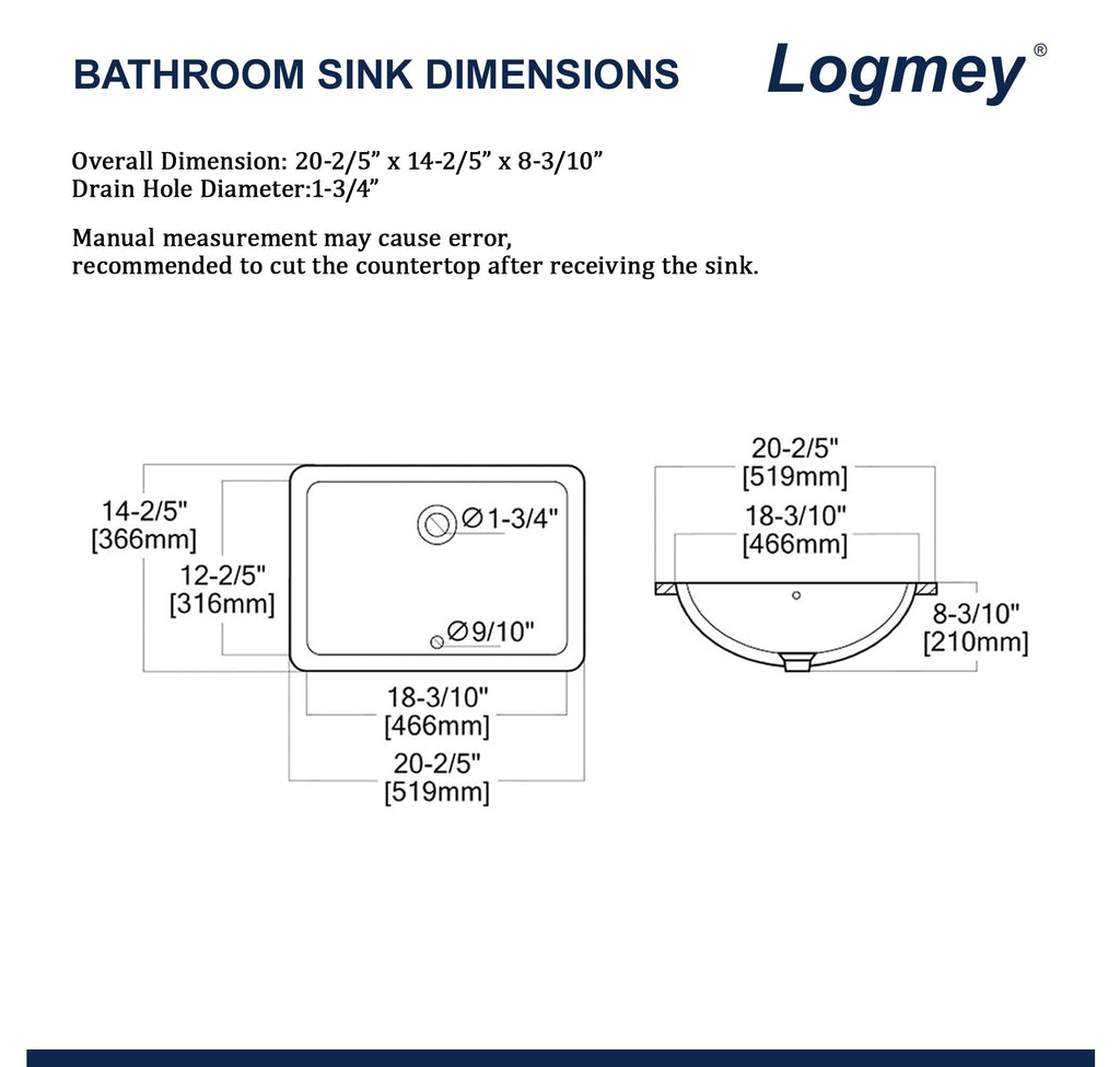 Logmey 21'' Bathroom Sink - Undermount Rectangular Single Bowl with Overflow - White Porcelain