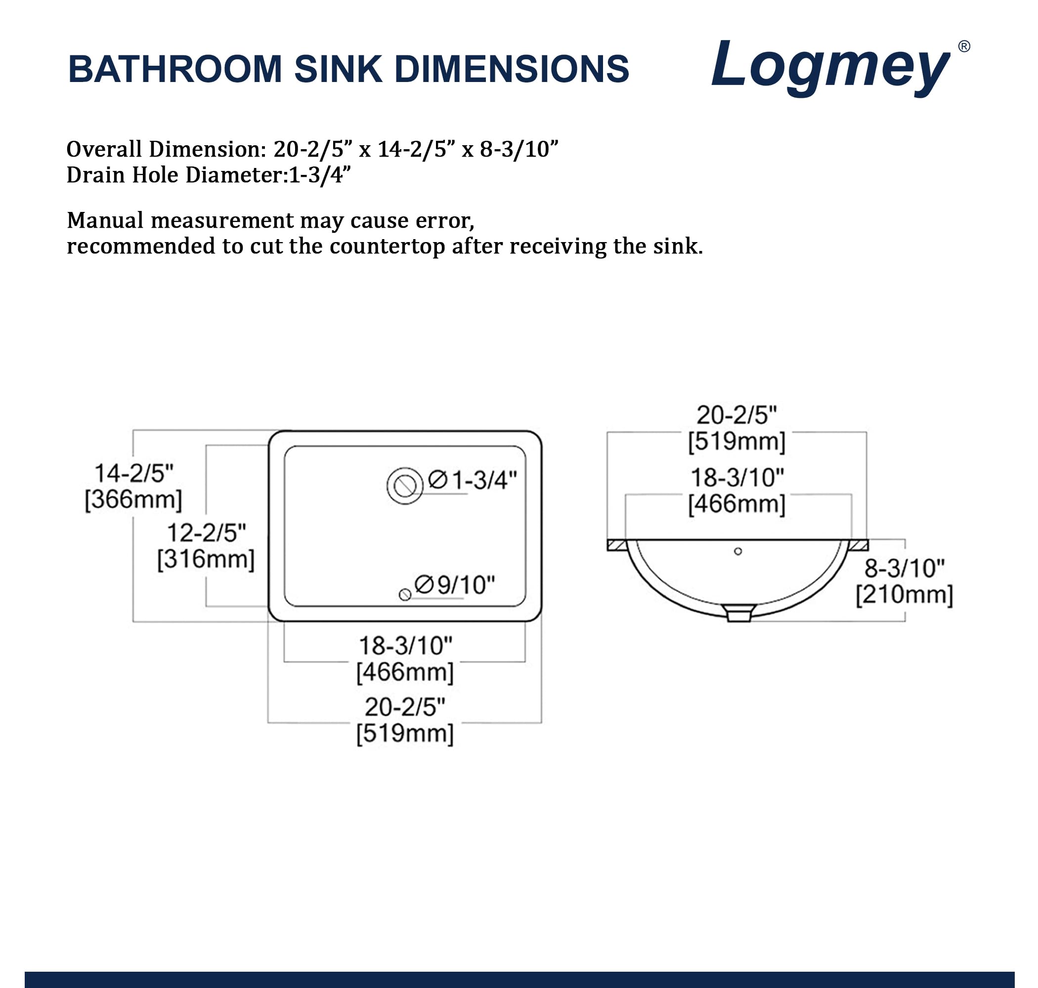 Logmey 21'' Bathroom Sink - Undermount Rectangular Single Bowl with Overflow - White Porcelain