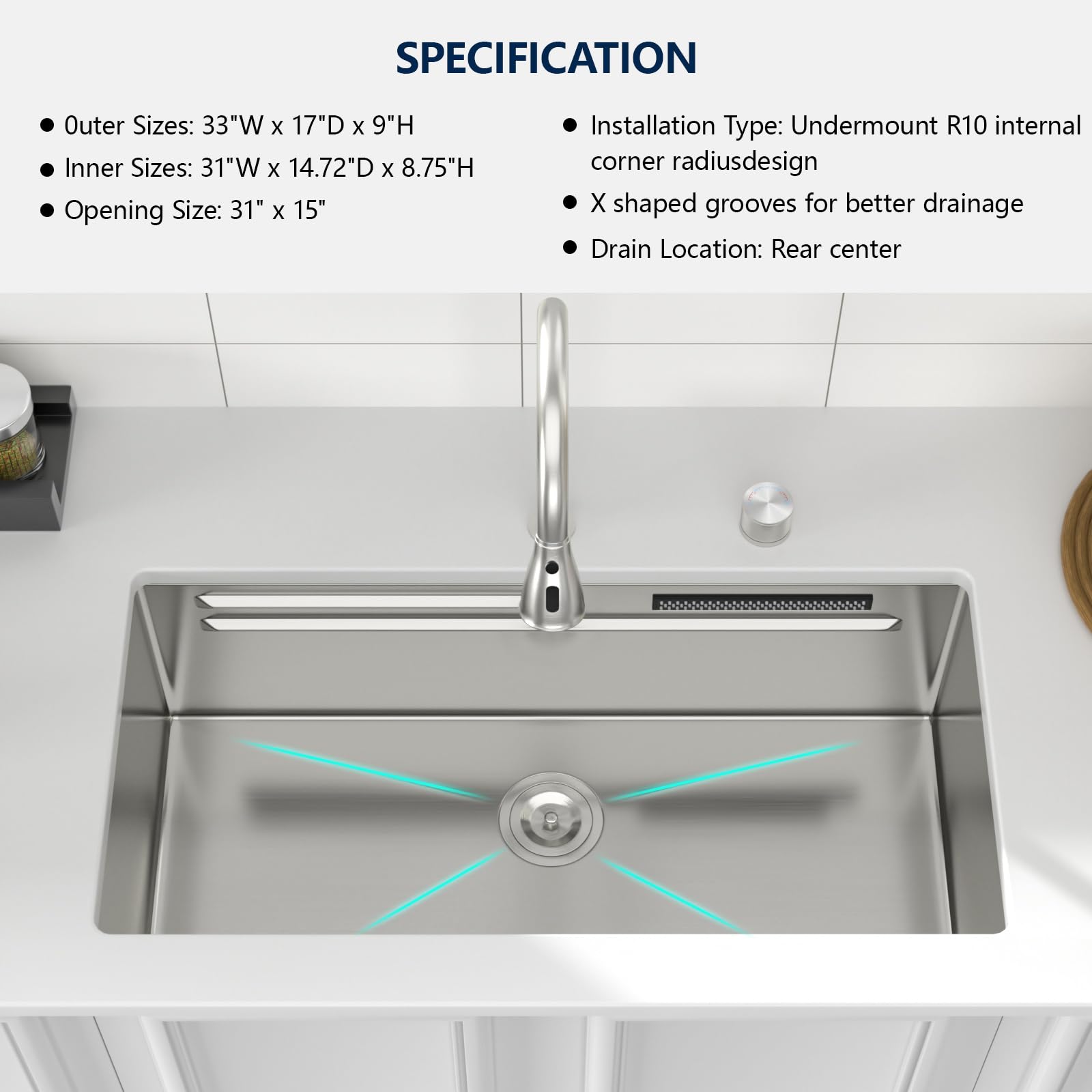 Logmey 33'' Waterfall Kitchen Sink - Undermount Single Bowl with Pull-out Faucet & Control Knob - Silver Stainless Steel