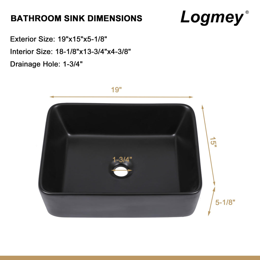 Logmey 19''x15'' Bathroom Sink - Above Counter Vessel Single Bowl - Black Porcelain Ceramic
