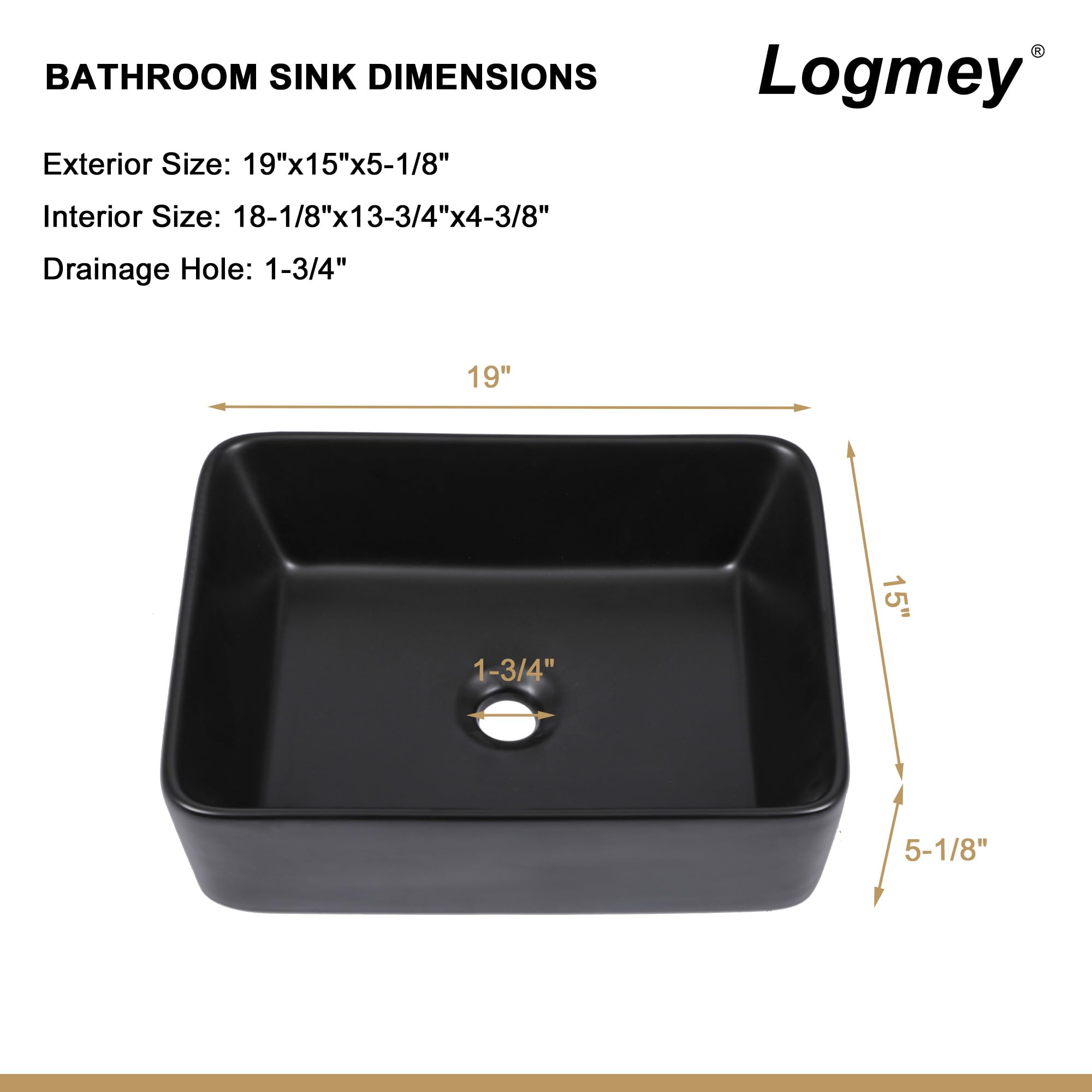 Logmey 19x15 Inch Black Sink Bowl Above Counter Ceramic Porcelain Bathroom Vessel Sink