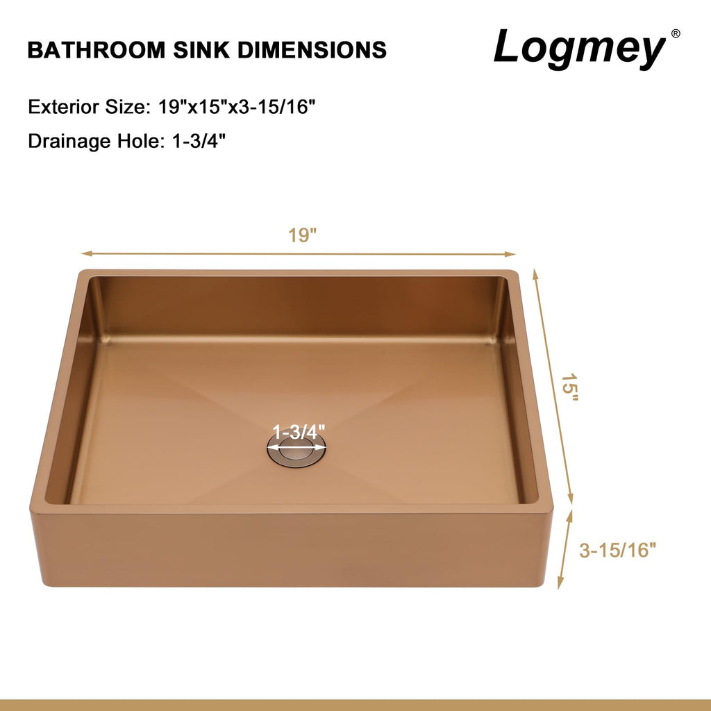 Logmey 19''x15'' Bathroom Sink - Above Counter Vessel Single Bowl with Drain Tray - Rose Gold Stainless Steel