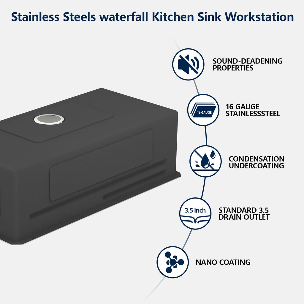 Logmey 33'' Waterfall Kitchen Sink - Undermount Single Bowl with Pull-out Faucet & Control Knob - Silver Stainless Steel