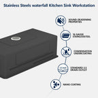 Logmey 33'' Waterfall Kitchen Sink - Undermount Single Bowl with Pull-out Faucet & Control Knob - Silver Stainless Steel