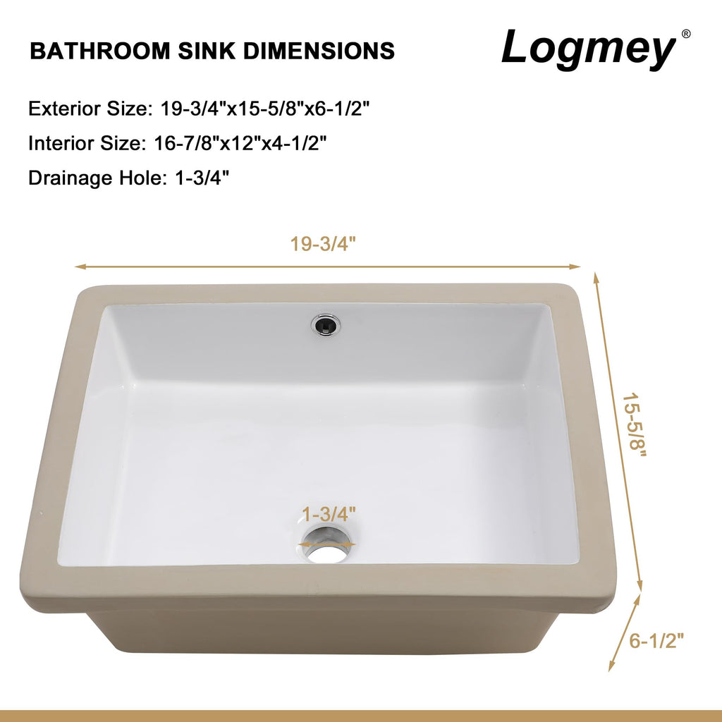Logmey 20''x16'' Bathroom Sink - Undermount Rectangular Vessel Single Bowl - White Porcelain Ceramic