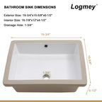 Logmey 20''x16'' Bathroom Sink - Undermount Rectangular Vessel Single Bowl - White Porcelain Ceramic