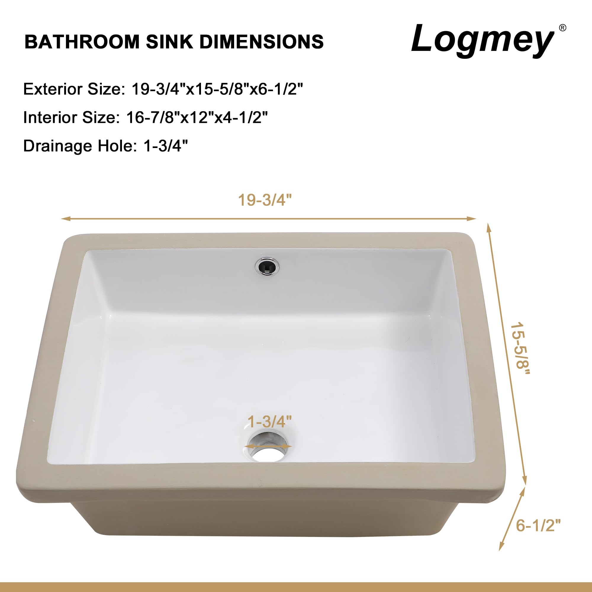 Logmey 20''x16'' Bathroom Sink - Undermount Rectangular Vessel Single Bowl - White Porcelain Ceramic