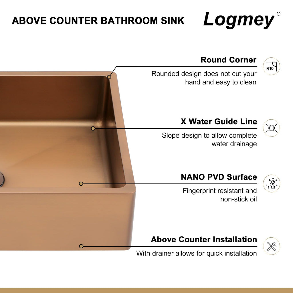 Logmey 19''x15'' Bathroom Sink - Above Counter Vessel Single Bowl with Drain Tray - Rose Gold Stainless Steel