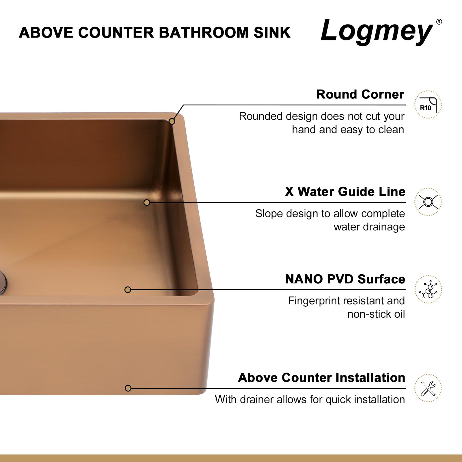 Logmey 19x15 Inch Rose Gold Above Counter Stainless Steel Bathroom Vessel Sink with Drainer