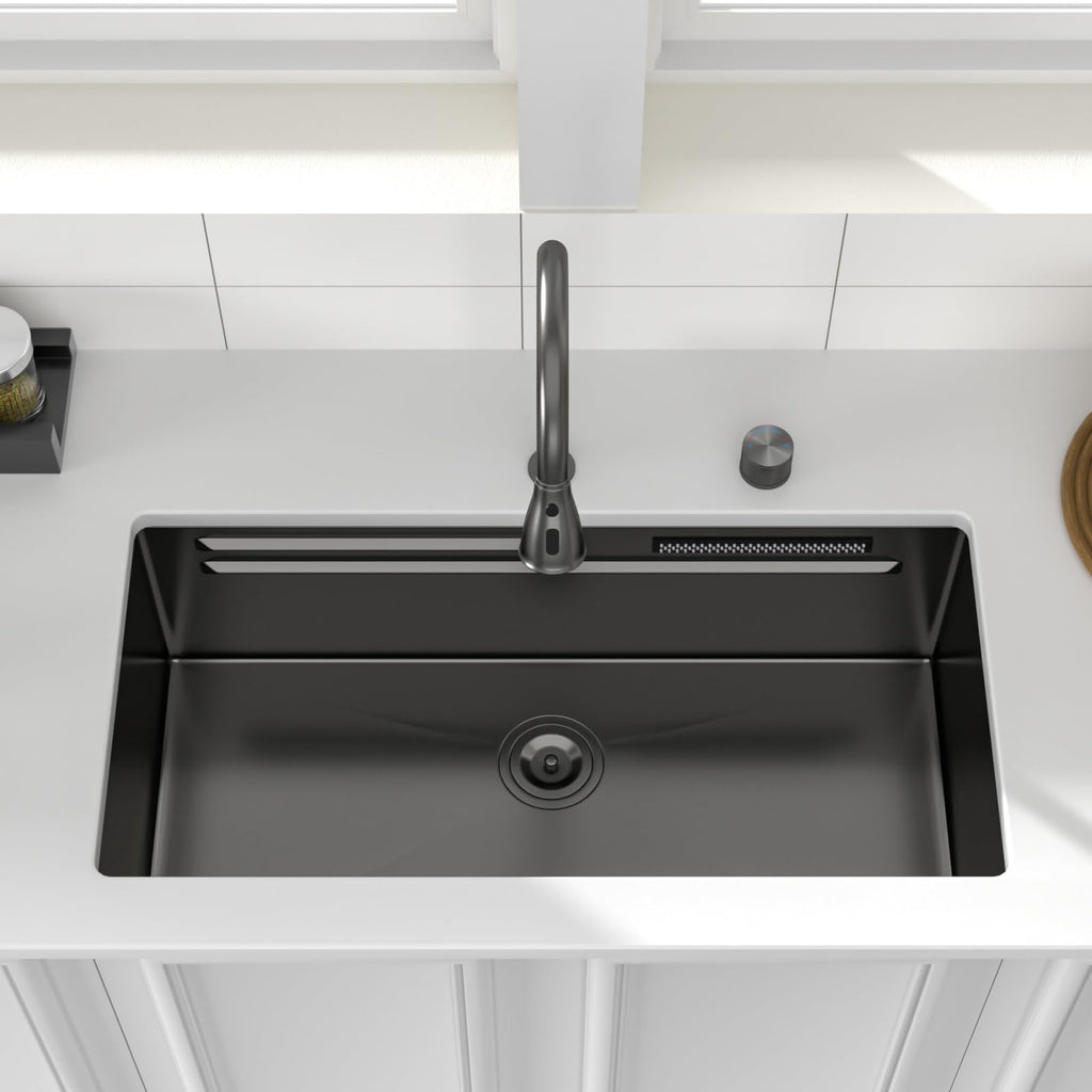 Logmey 33'' Double Step Waterfall Workstation Sink - Undermount Single Bowl with Faucet - Gunmetal Black NANO-PVD Stainless Steel