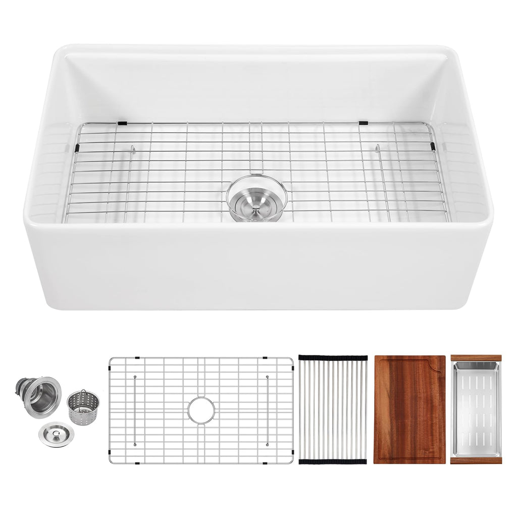 Logmey 33 Inch White Workstation Single Bowl Apron Front Fireclay Ceramic Farmhouse Sink