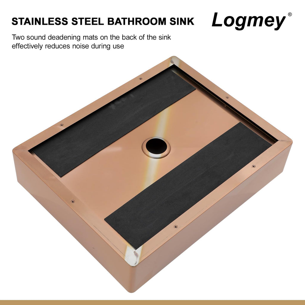 Logmey 19''x15'' Bathroom Sink - Above Counter Vessel Single Bowl with Drain Tray - Rose Gold Stainless Steel