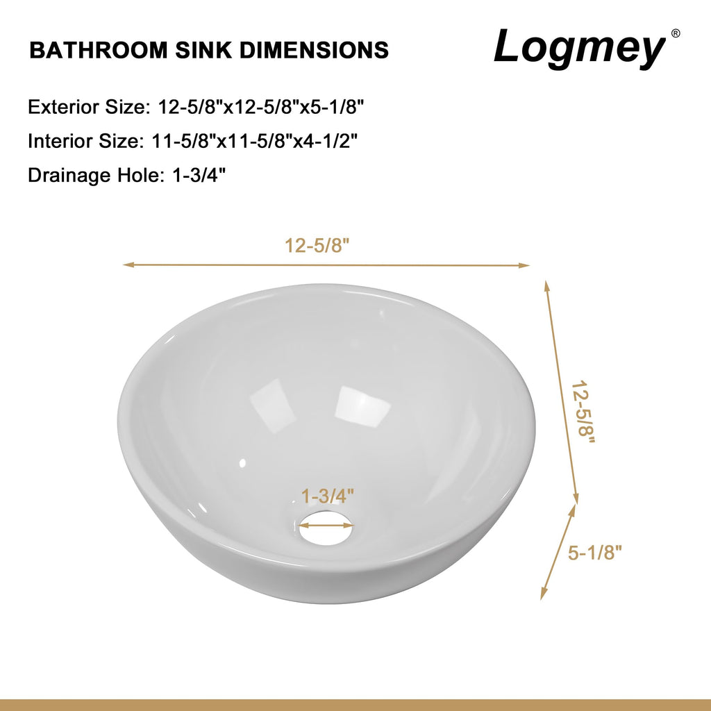 Logmey 13''x13'' Bathroom Sink - Round Above Counter Vessel Single Bowl - White Porcelain Ceramic