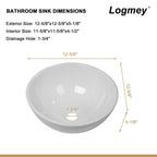 Logmey 13''x13'' Bathroom Sink - Round Above Counter Vessel Single Bowl - White Porcelain Ceramic