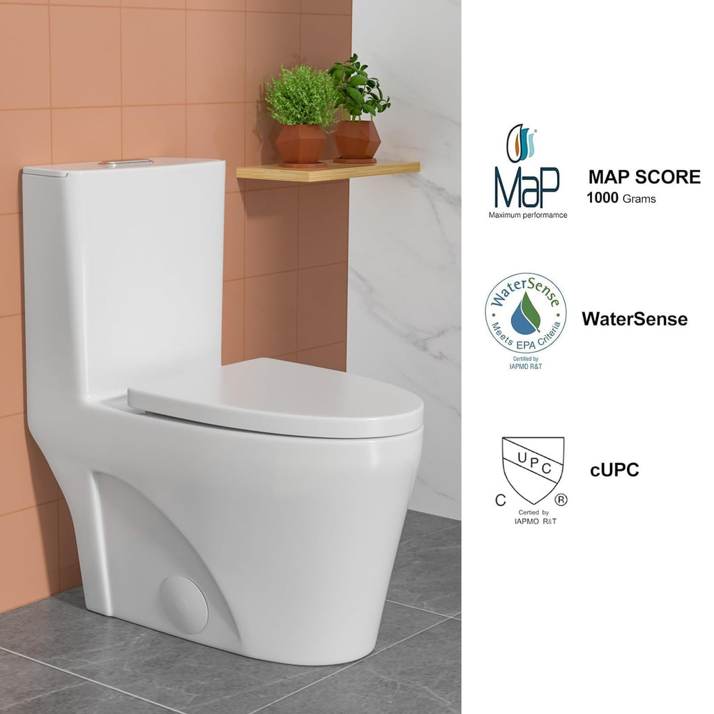 Logmey Elongated One Piece Toilet - White Quiet Siphonic Dual Flush