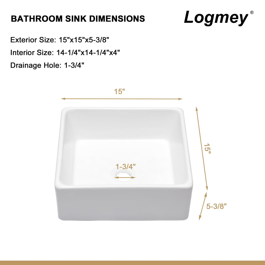 Logmey 15" x 15" Square Bathroom Vessel Sink - White Ceramic Above-Counter Vanity Art Basin