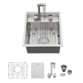 Logmey15x17 Inch Undermount Single Bowl Stainless Steel Bar Sink with Foldable Faucet and Cover