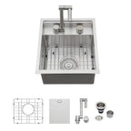 Logmey15x17 Inch Undermount Single Bowl Stainless Steel Bar Sink with Foldable Faucet and Cover