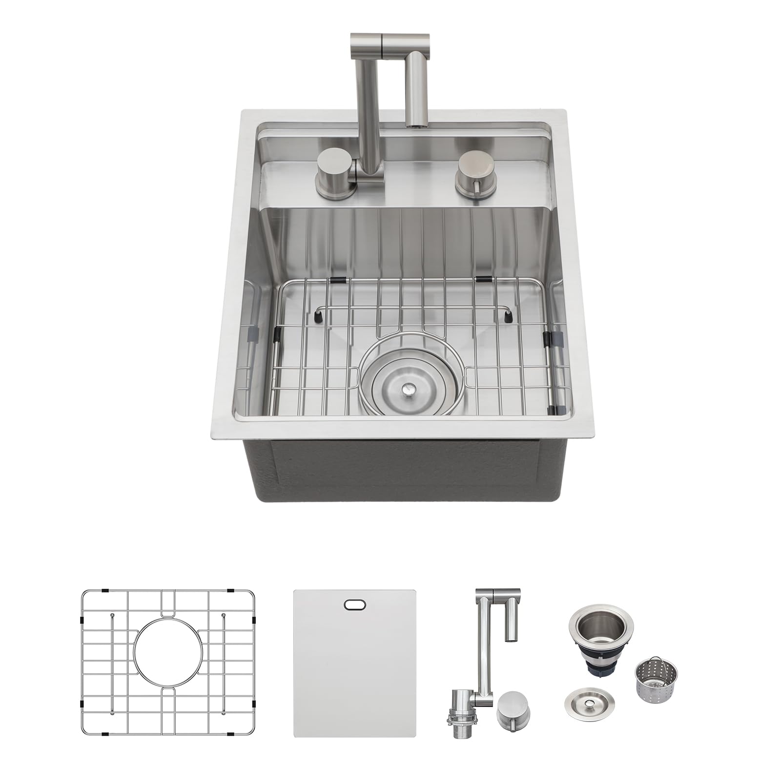 Logmey15x17 Inch Undermount Single Bowl Stainless Steel Bar Sink with Foldable Faucet and Cover