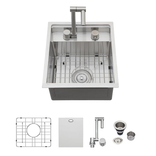 Logmey15x17 Inch Undermount Single Bowl Stainless Steel Bar Sink with Foldable Faucet and Cover