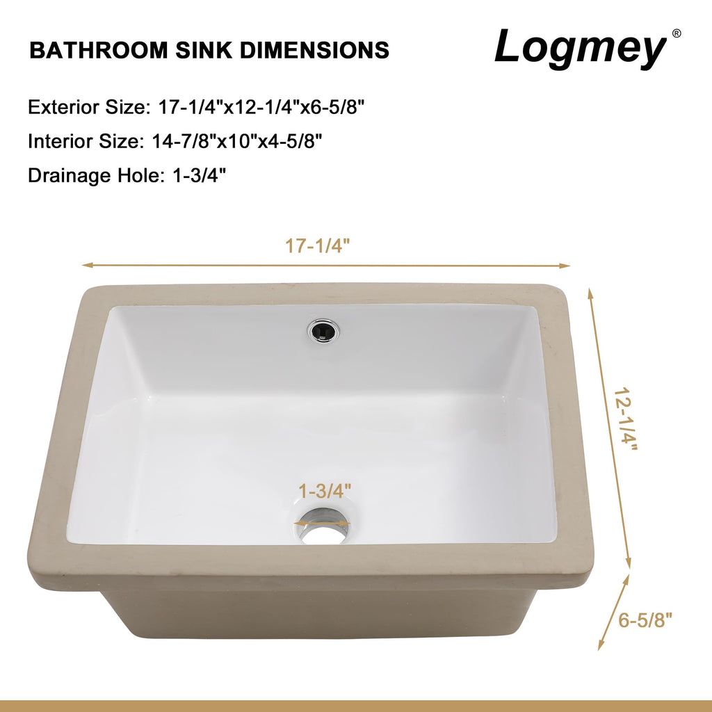Logmey 18''x12'' Bathroom Sink - Undermount Vessel Single Bowl - White Porcelain Ceramic