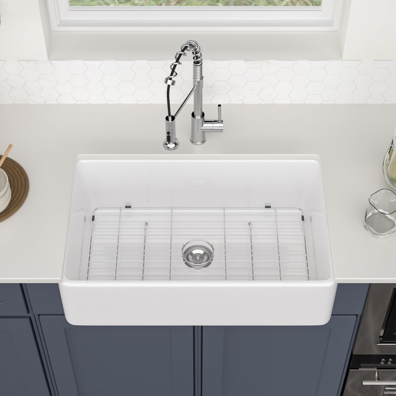 Logmey 33''x20'' Farmhouse Sink - Apron Front Single Bowl - White Fireclay Ceramic