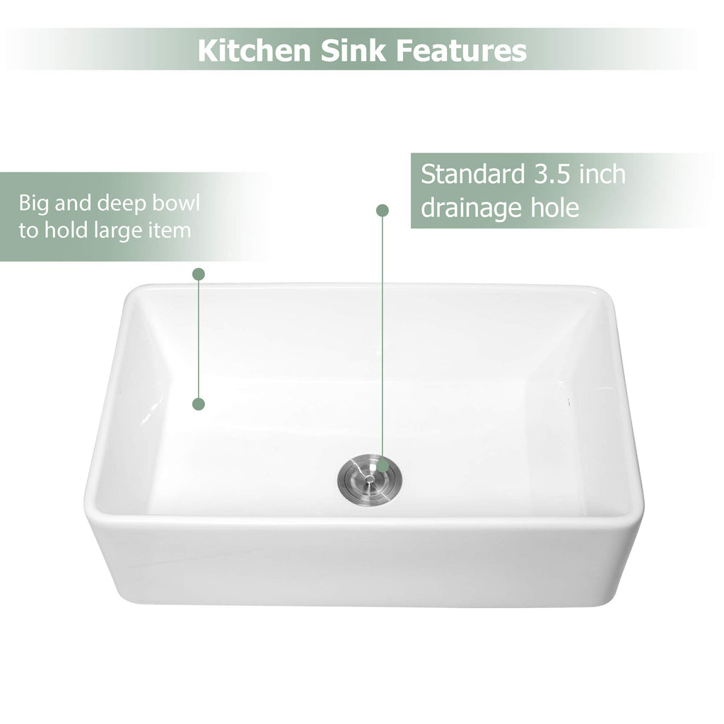 Logmey 30'' Farmhouse Sink - Apron Front Single Bowl - White Fireclay Ceramic