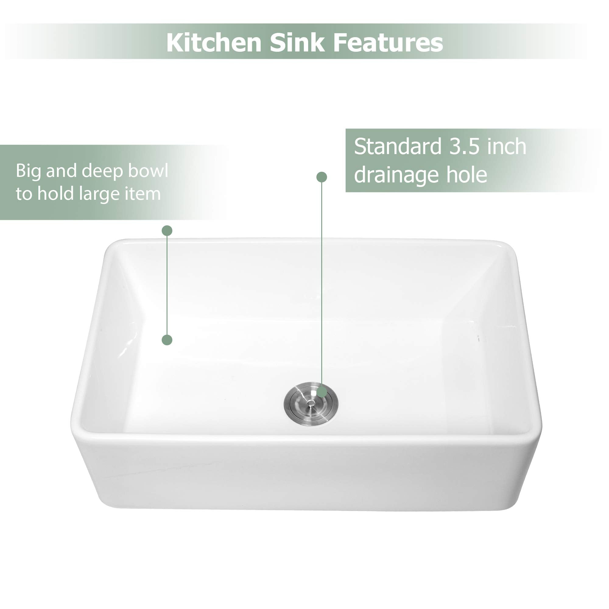Logmey 30'' Farmhouse Sink - Apron Front Single Bowl - White Fireclay Ceramic