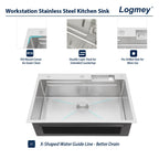 Logmey 33'' Waterfall Workstation Sink - Drop-In Single Bowl with Faucet & Cup Washer - Silver Stainless Steel
