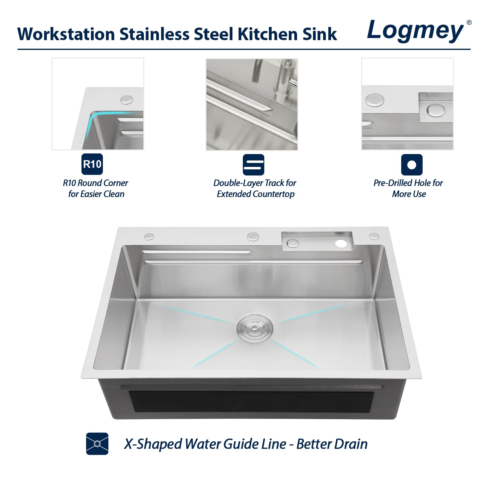 Logmey 33'' Waterfall Workstation Sink - Drop-In Single Bowl with Faucet & Cup Washer - Silver Stainless Steel
