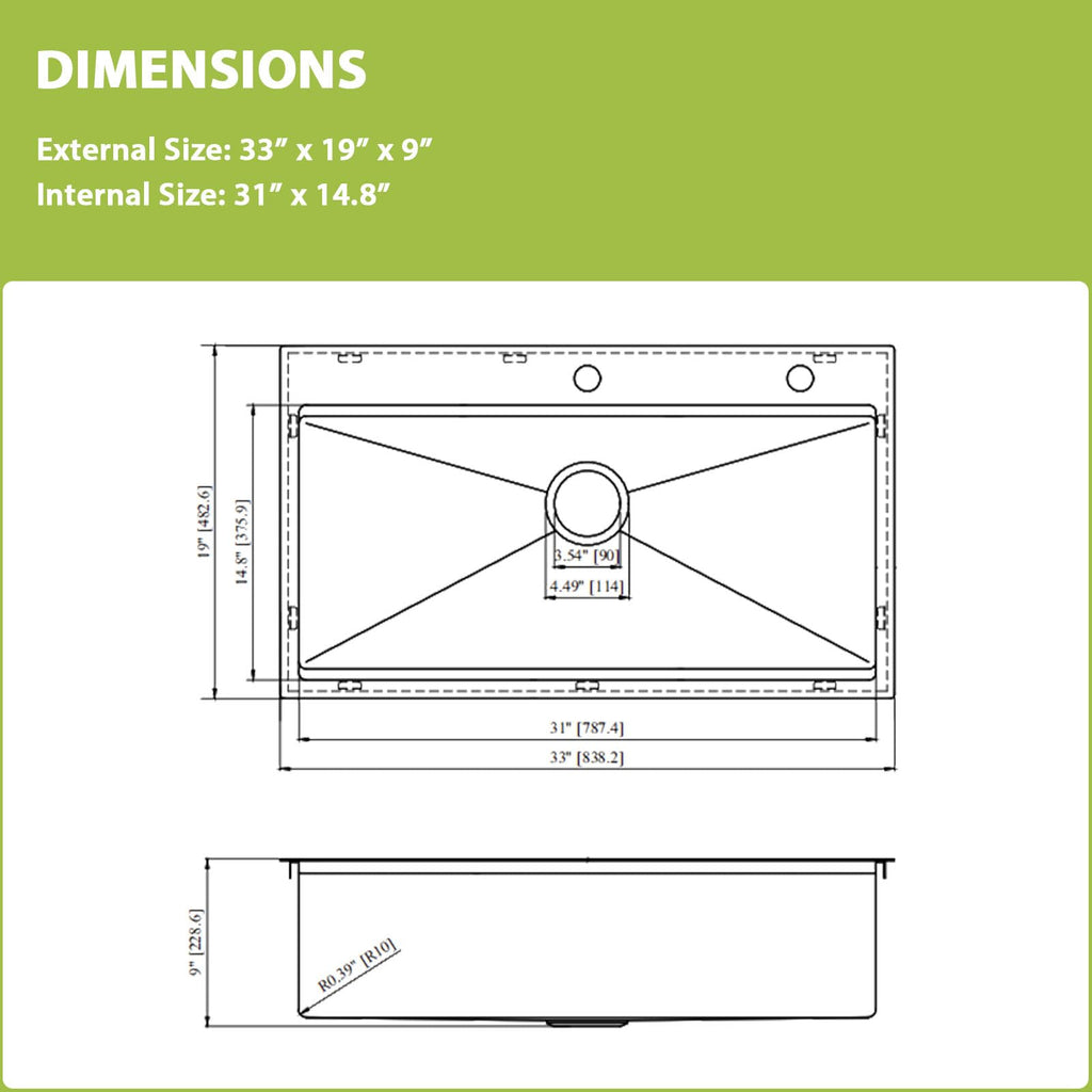 Logmey 33'' x 19'' Drop-In Workstation Kitchen Sink - 16 Gauge SUS304 Stainless Steel Single Bowl