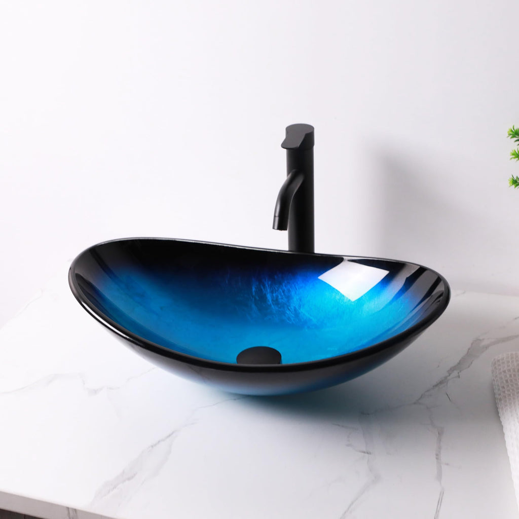 Logmey 21'' Bathroom Vessel Sink - Oval Countertop Single Bowl with Drain - Blue Tempered Glass