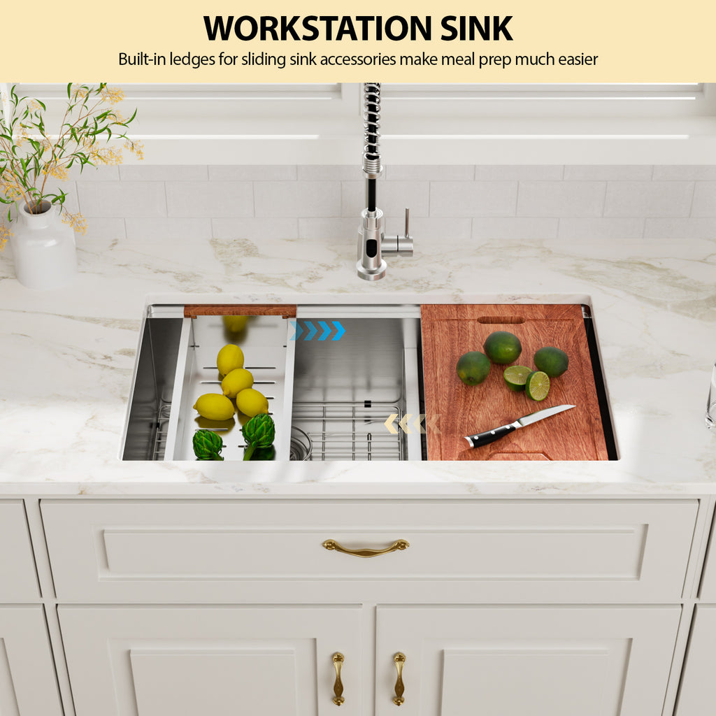 Logmey 33''x 19'' Undermount 16 Gauge Stainless Steel Workstation Double Bowl Kitchen Sink -50/50 Low-Divide