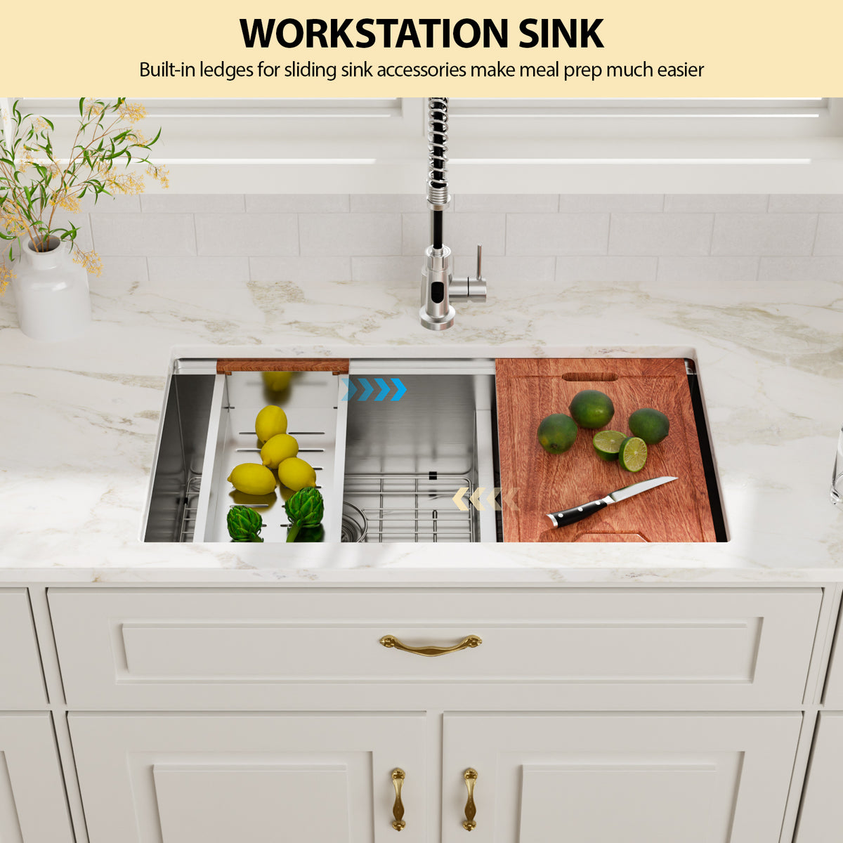 Logmey 33''x 19'' Undermount 16 Gauge Stainless Steel Workstation Double Bowl Kitchen Sink -50/50 Low-Divide