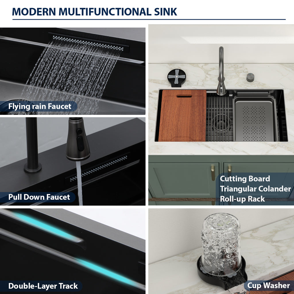 Logmey 33'' Double Step Waterfall Workstation Sink - Undermount Single Bowl with Faucet - Gunmetal Black  Stainless Steel