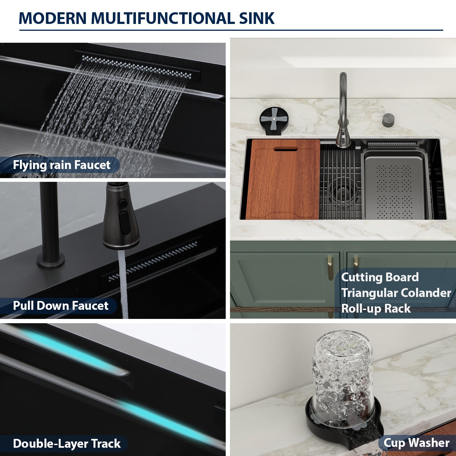 Logmey 33'' Double Step Waterfall Workstation Sink - Undermount Single Bowl with Faucet - Gunmetal Black  Stainless Steel
