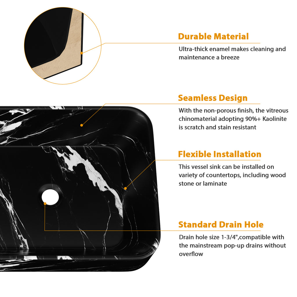 Logmey 19'' x 15'' Black Marble Rectangular Vessel Sink