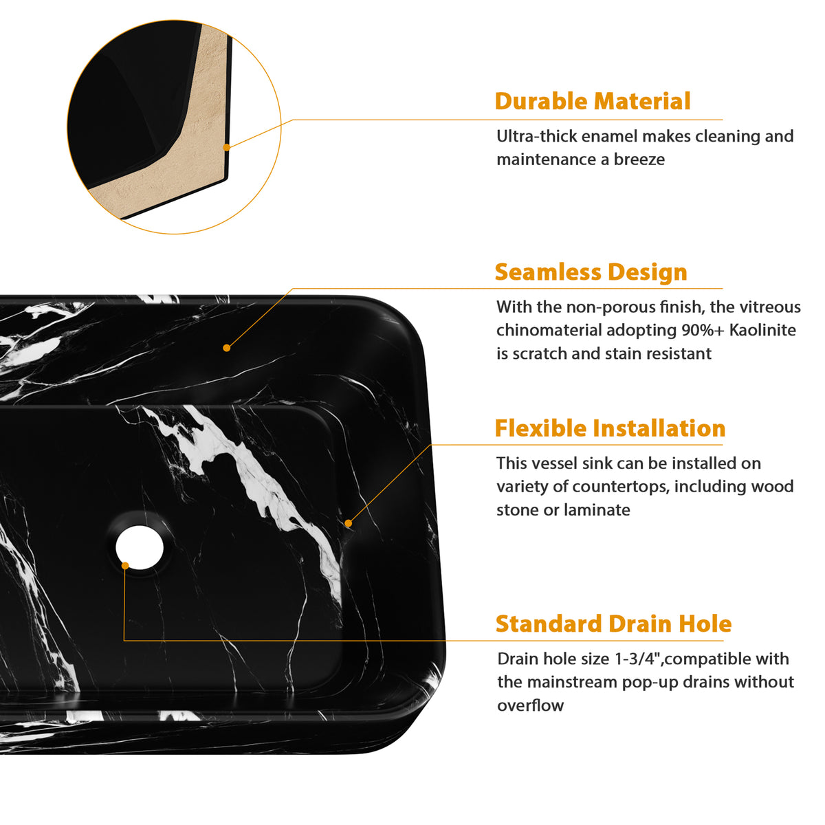 Logmey 19'' x 15'' Black Marble Rectangular Vessel Sink