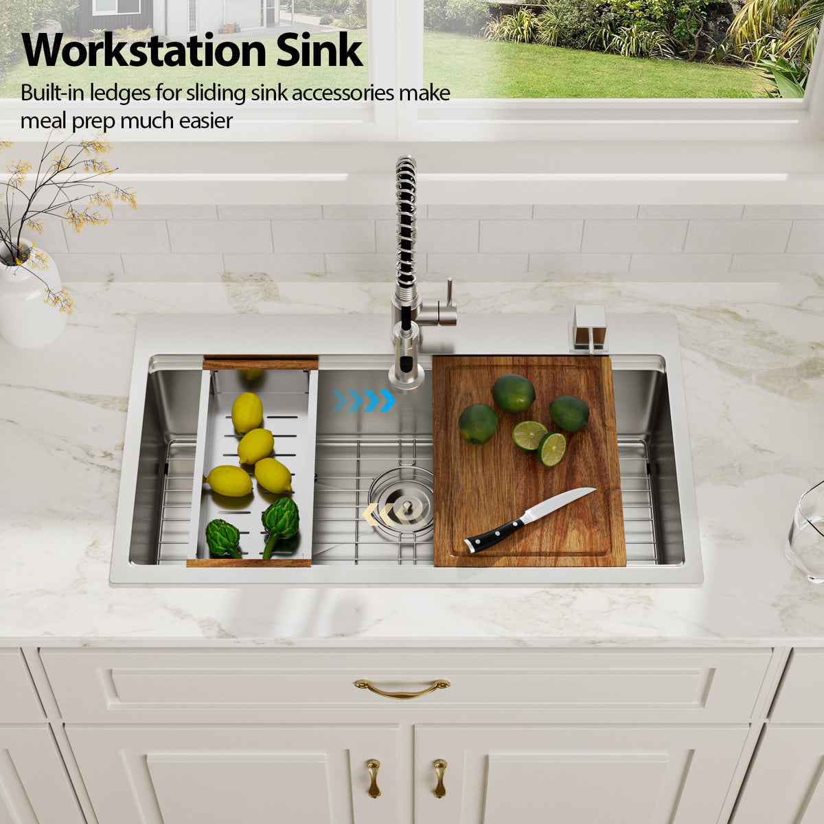 Logmey 33'' Workstation Kitchen Sink - Drop-In Single Bowl - Silver Stainless Steel
