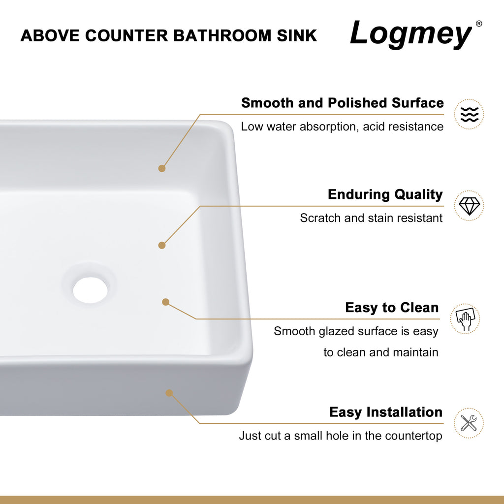 Logmey 15'' x 15'' Square Ceramic Bathroom Vessel Sink