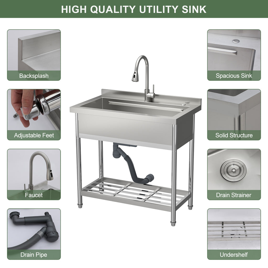 Logmey 36'' x 21'' Freestanding Stainless Steel Single Bowl Utility Sink