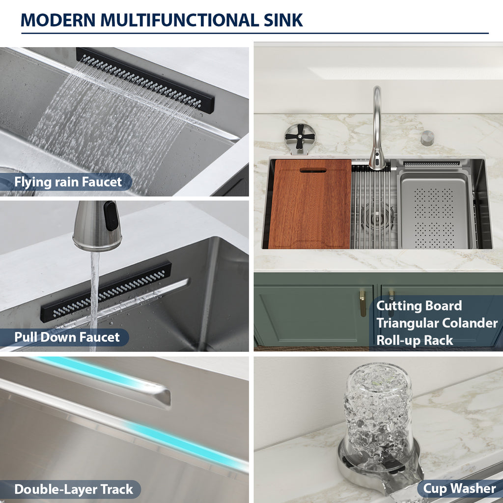 Logmey 33'' Waterfall Kitchen Sink - Undermount Single Bowl with Pull-out Faucet & Control Knob - Silver Stainless Steel