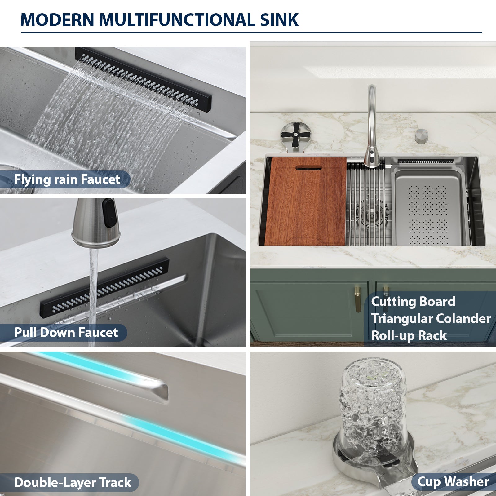 Logmey 33'' Waterfall Kitchen Sink - Undermount Single Bowl with Pull-out Faucet & Control Knob - Silver Stainless Steel