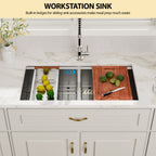 36'' x 19'' 16 Gauge Workstation Undermount 50/50 Double Bowl Low Divide Stainless Steel Kitchen Sink with with Colander, Cutting Board, Strainer and Dish-Drying Rack